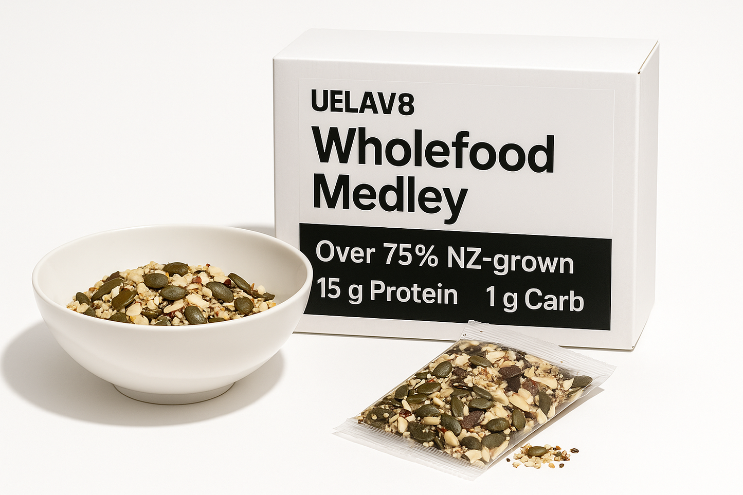 UELAV8 Wholefood Medley bowl with sachet and box — NZ-grown nuts and seeds blend for clean balanced energy.
