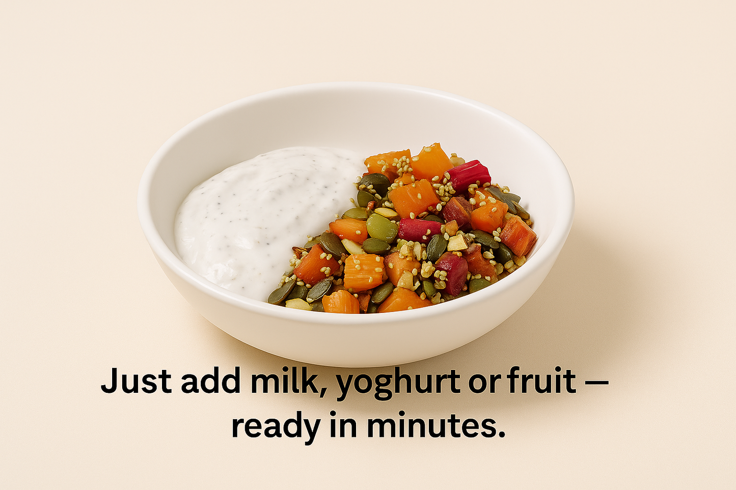 UELAV8 Wholefood Medley served with yoghurt and fruit — ready in minutes for breakfast or post-workout fuel.
